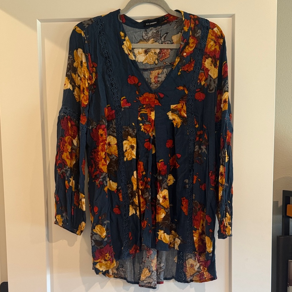 Blu Pepper Navy and Mustard Floral Blouse